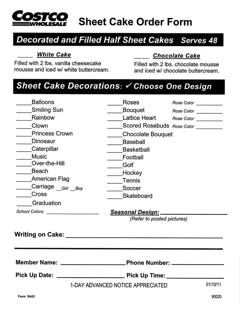 Costco cakes order form