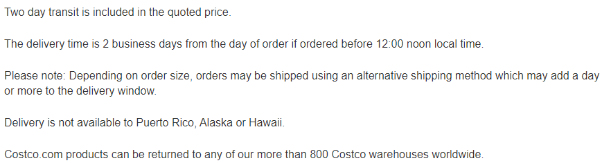 Shipping & Returns policy of costco products